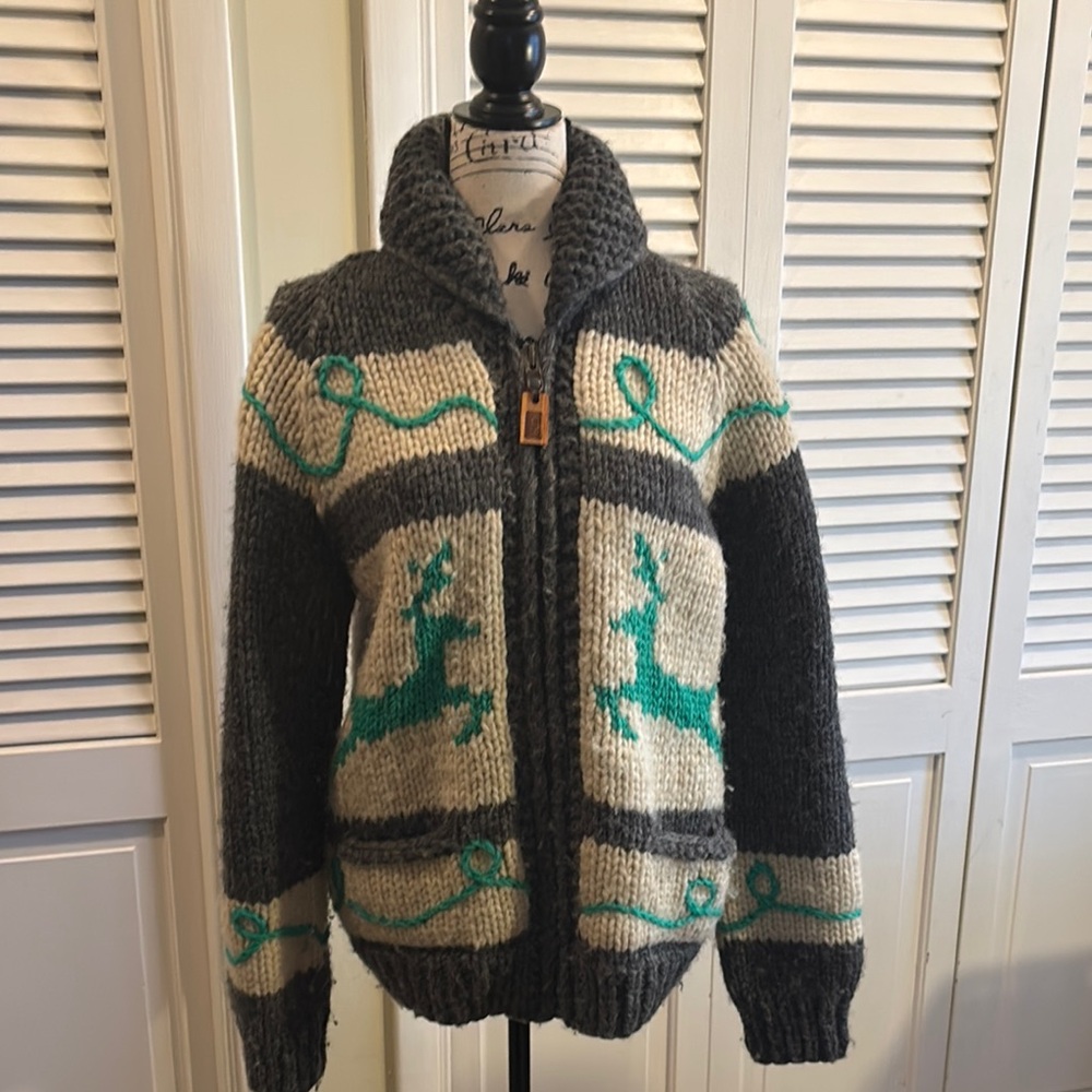 Hand Knit Cardigan with Green Deer Pattern. Hand knit in Canada . 100% wool.